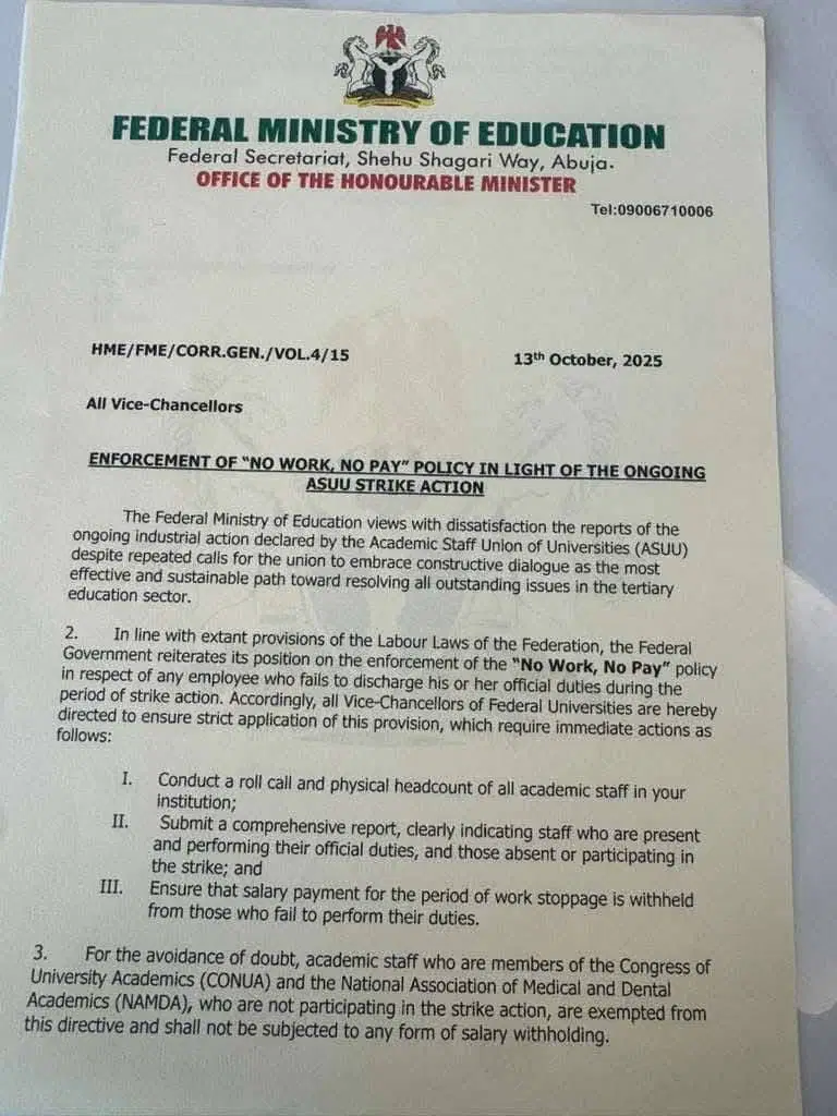 FG enforces “no work, no pay” on striking lecturers