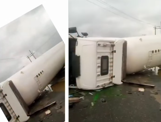 empty gas tanker falls on Lagos road