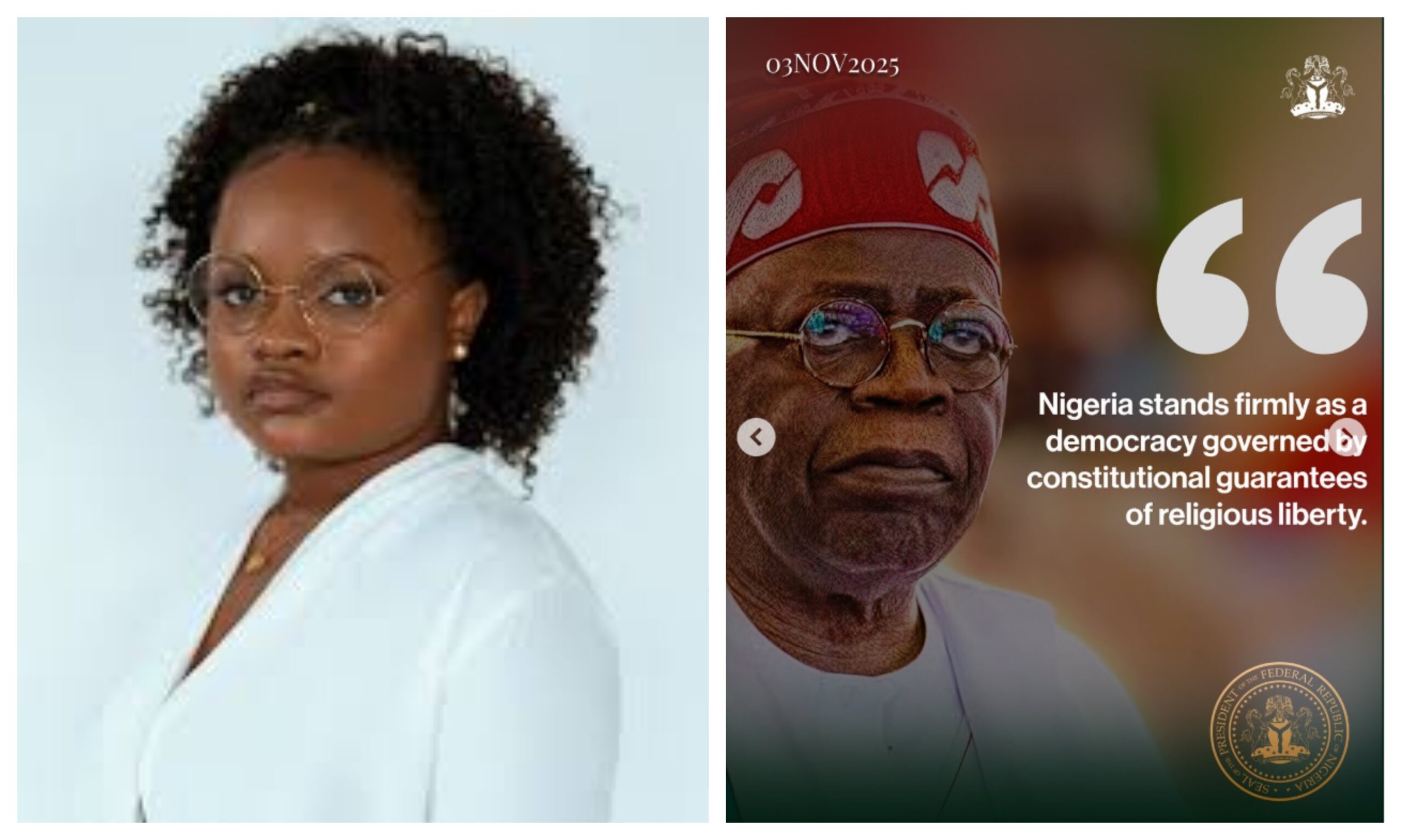 Rinu Oduala criticises presidency on religious freedom in Nigeria